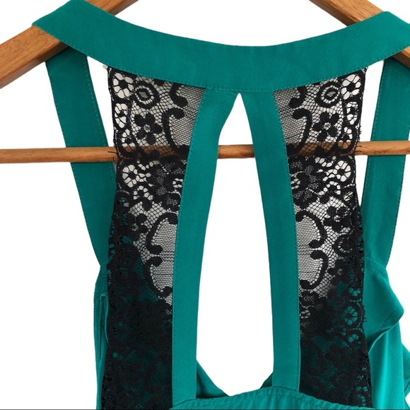 Aryn K 100% Silk Halter Tank with Waterfall Ruffles & Lace Back Medium - Picture 7 of 11